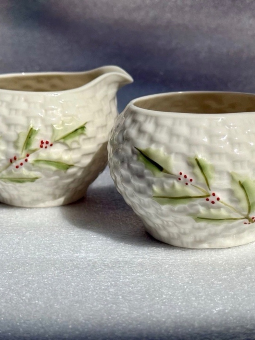 Belleek Enchanted Holly Creamer & Sugar Set Ireland Bone China Basket Weave